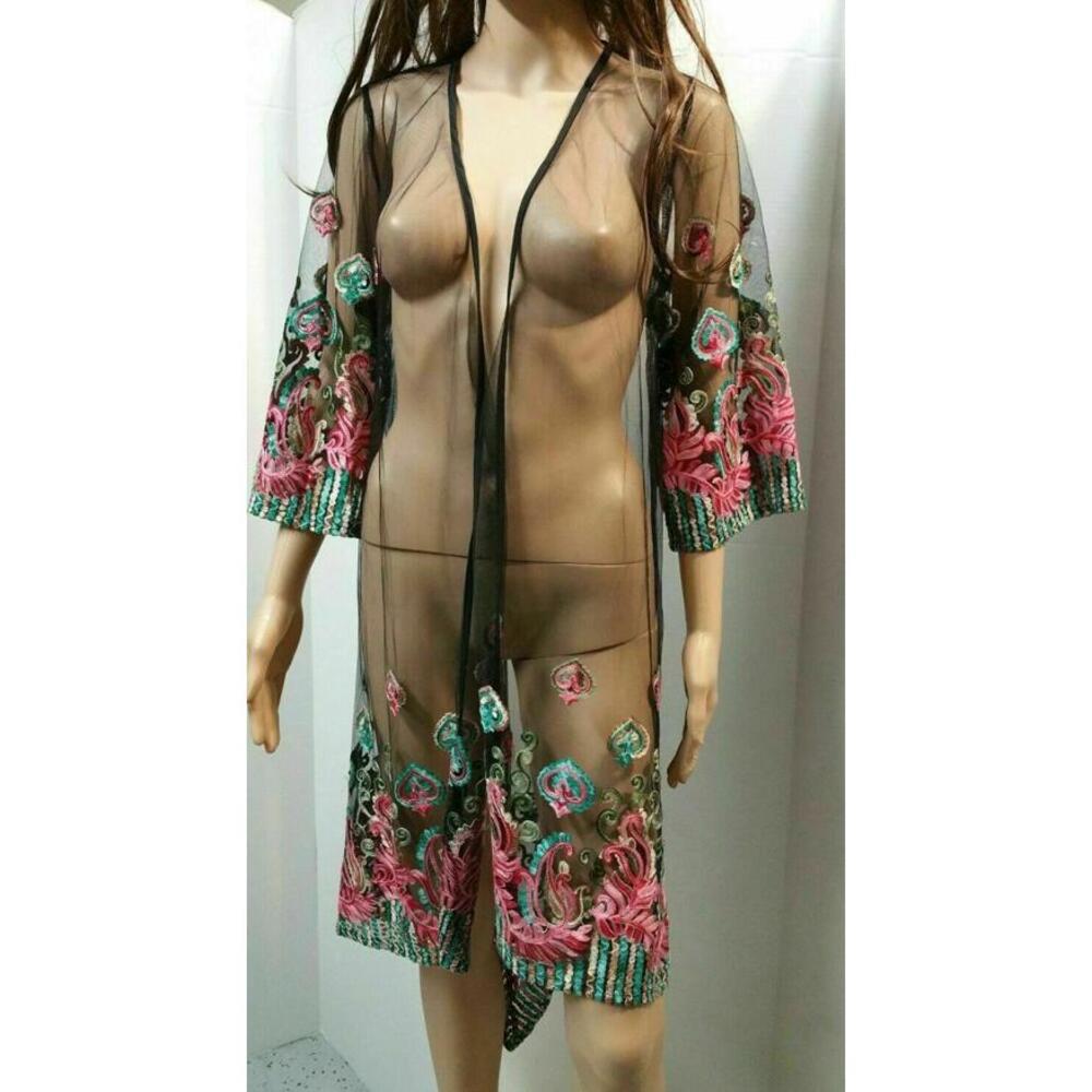 Méchant Women's Long Sleeve Mesh Top Cover up Floral Cardigan, Sz M  Black #CB4